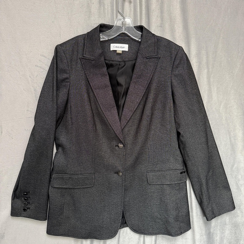 Calvin Klein Blazer Womens 14 Gray Stretch Two Button Lined Career Jacket Work